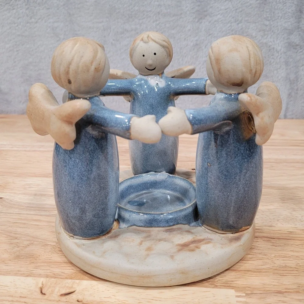 Vintage Angel Candle Holder Porcelain Figurine Blue Winged Cherub 3 Angels